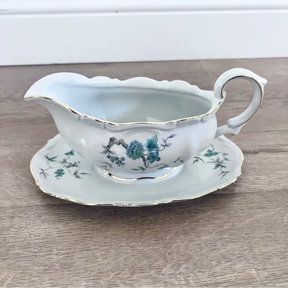MITTERTEICH Bavaria Germany - Green‎ Ming - Gravy Boat Attached Underplate - Vtg
